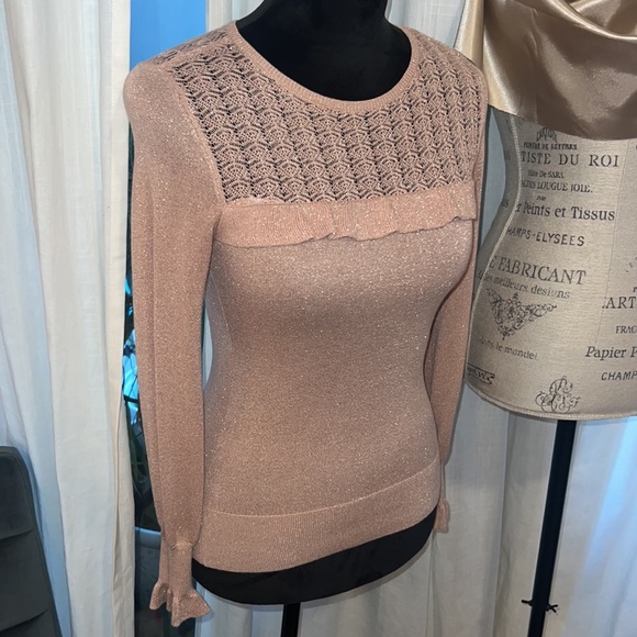 WHBM rose light pink metallic gold silver shimmer longsleeve sweater blouse XXSP - Picture 5 of 15
